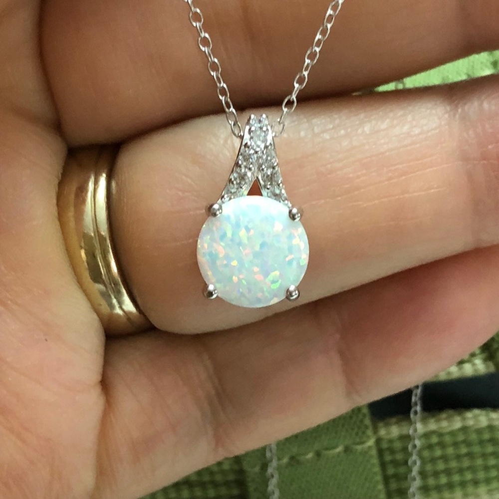 Fire Opal Necklace Round White Opal Pendant, Minim - Picture 8 of 8